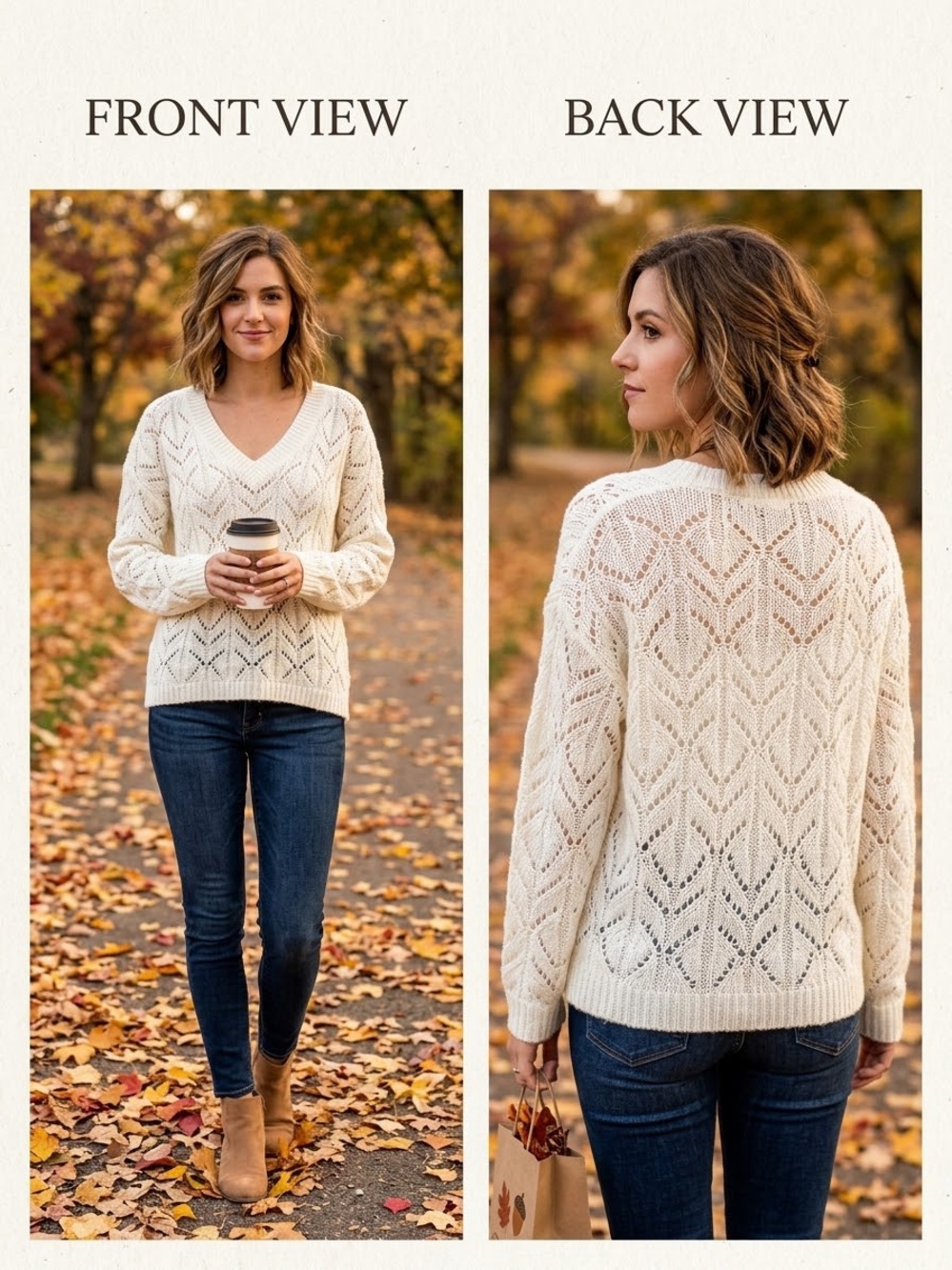 American Eagle Outfitters Jegging Fit Cream V-Neck Soft Openwork Sweater SZ S